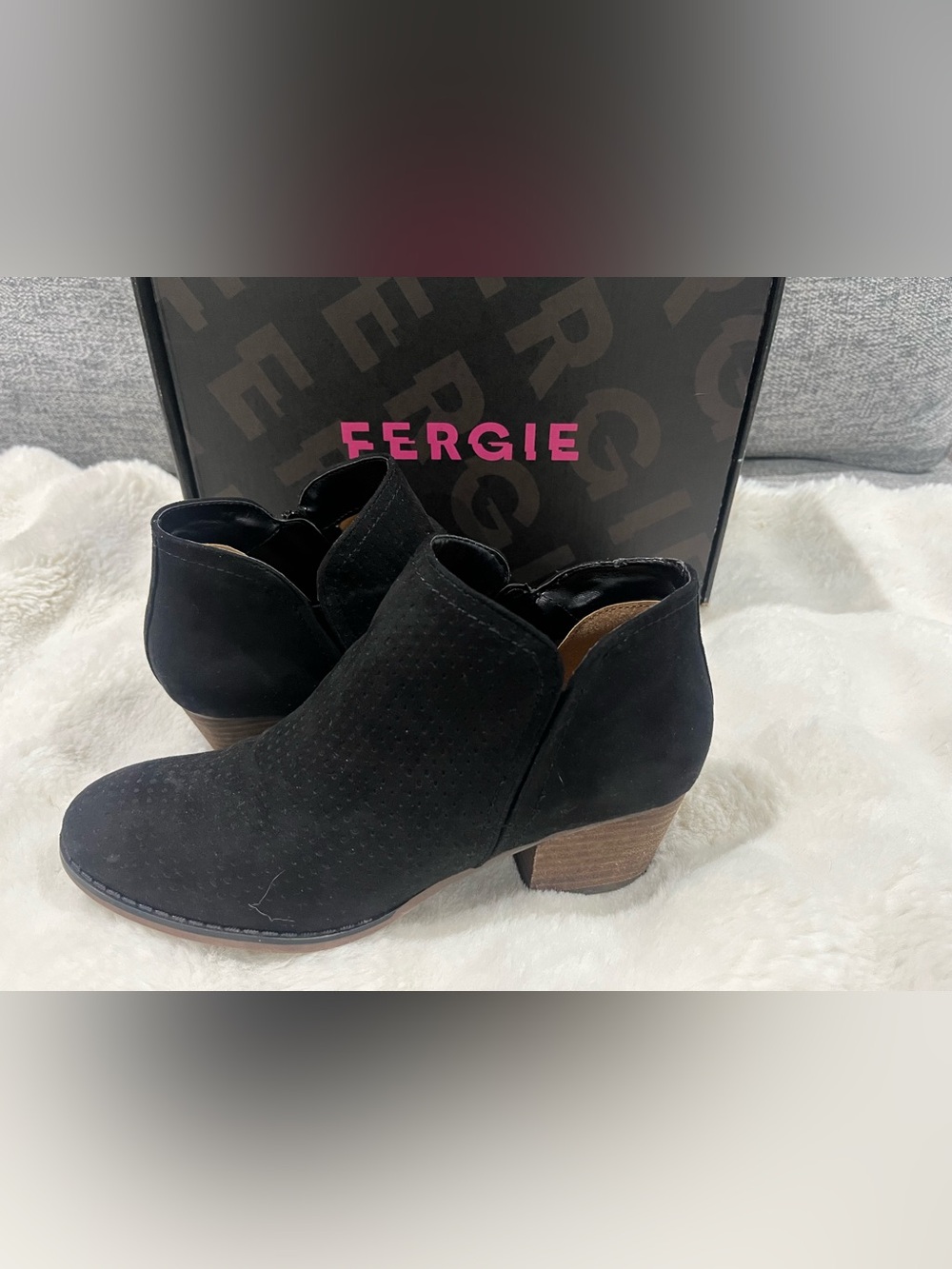 Fergie Black Suede Cutout Ankle Booties with Stacked Heel